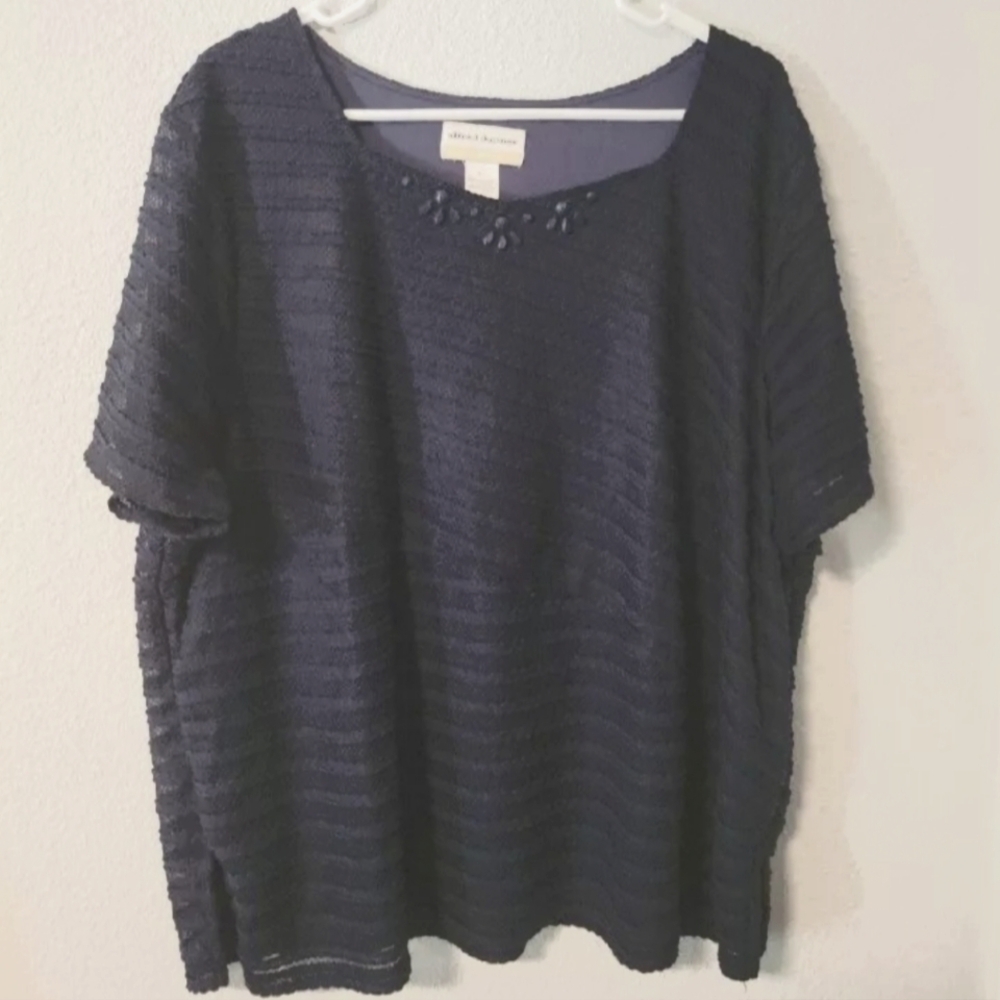 ALFRED DUNNER  Women Short Sleeve Top Lined Navy Beads Top Shirt Sz 3X